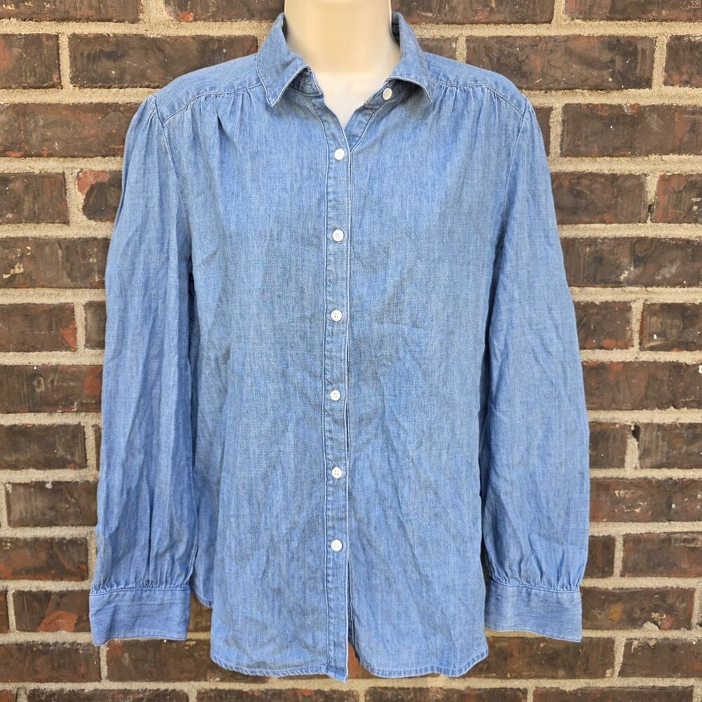J. McLaughlin Blur Birdie Linen Blend Shirt Button Down Chambray Top Sz Small